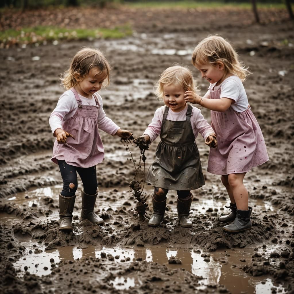 Toddler Girls Play in Mud: Professional Photography