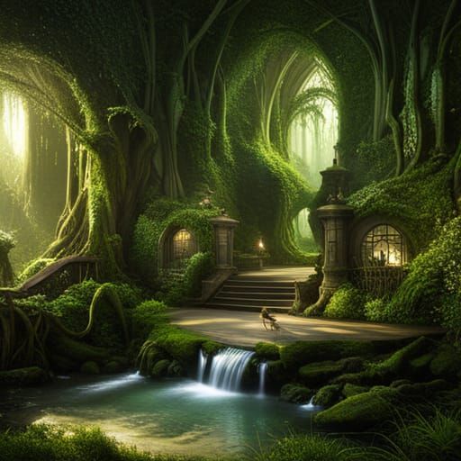 Enchanted Elf City in Forest: Organipunk Architectural Rende...