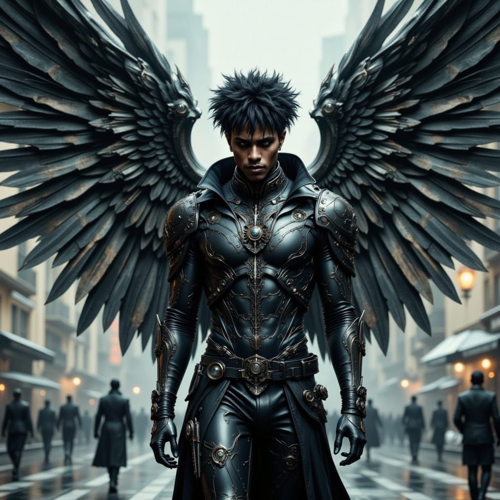Afro-Futuristic Man with Mechanical Wings in Cyberpunk City
