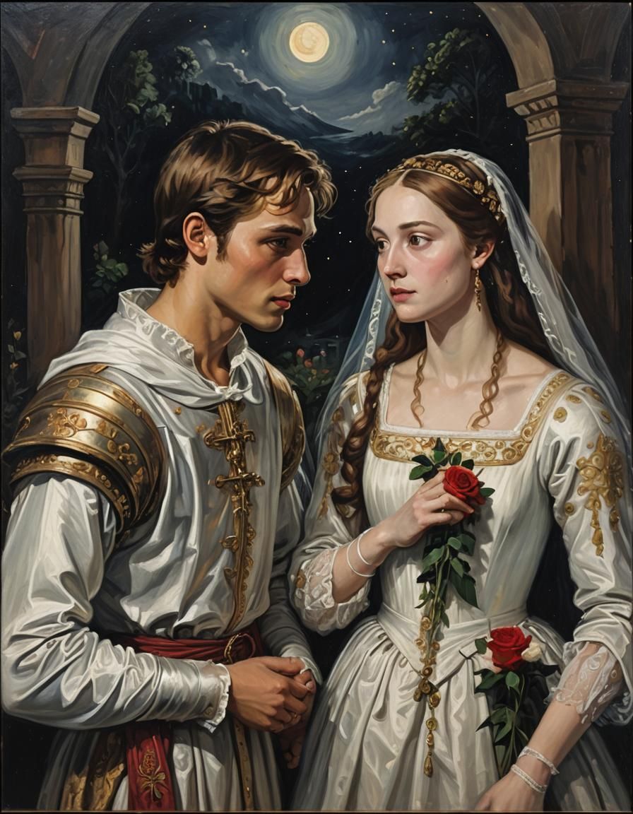 Romeo and Juliet marrying each other in secret at night, half body portrait, oil on canvas