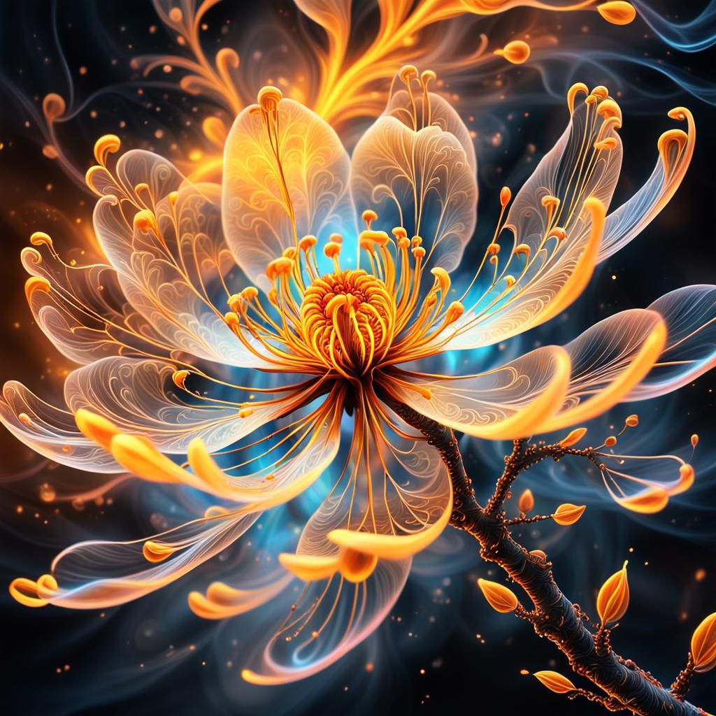 Golden Sakura Blossom with Neon Fire Tendrils