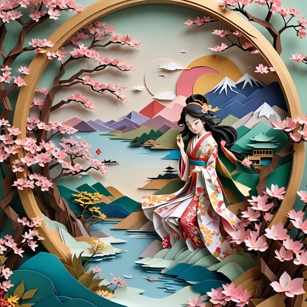 Geisha in Kirigami Style with Cherry Blossoms