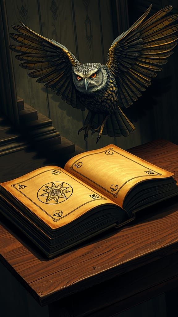 Owl Emerges from Ancient Tome in Eerie Engraving Style