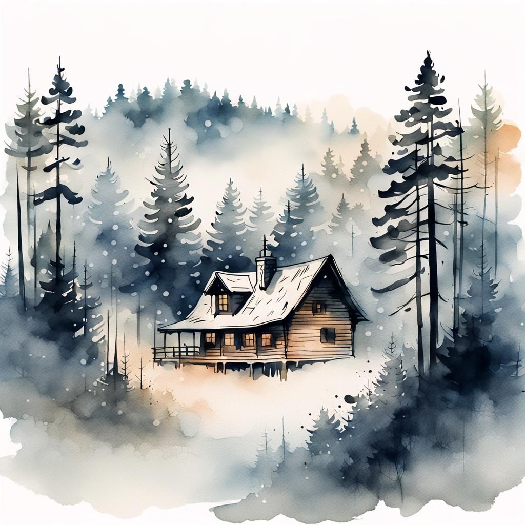 Surreal Winter Scene: Foggy Hunting Lodge Amidst Tall Pine T...