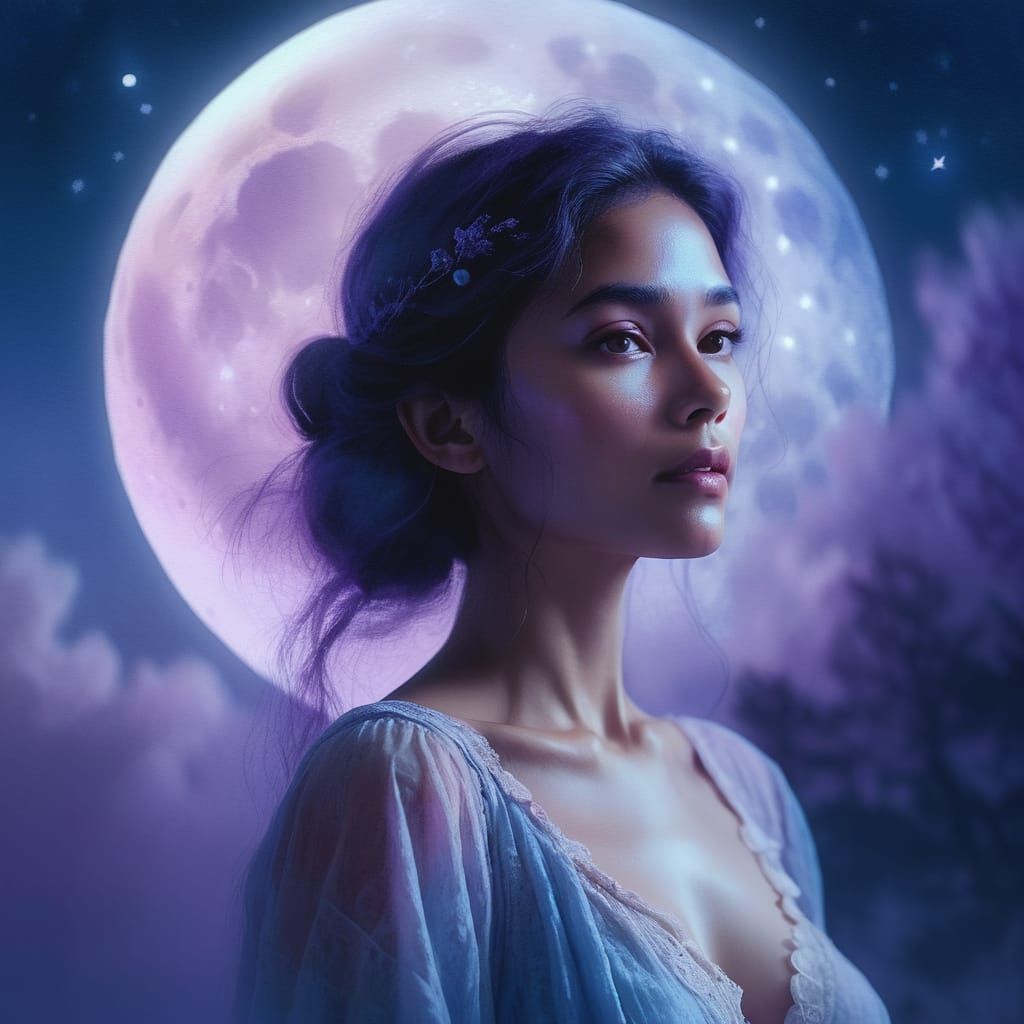 Moonlit Woman: Ethereal Watercolor Portrait