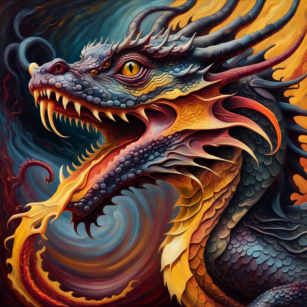 Fiery Asian Dragon Under Moonlight in Impasto Style