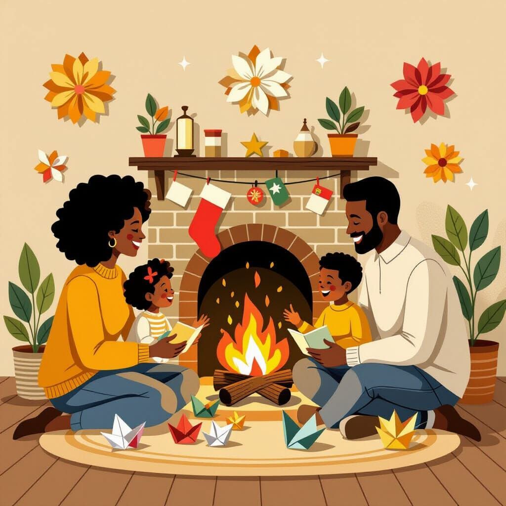 Black Family Gathered Around Fireplace in Paper Art Style