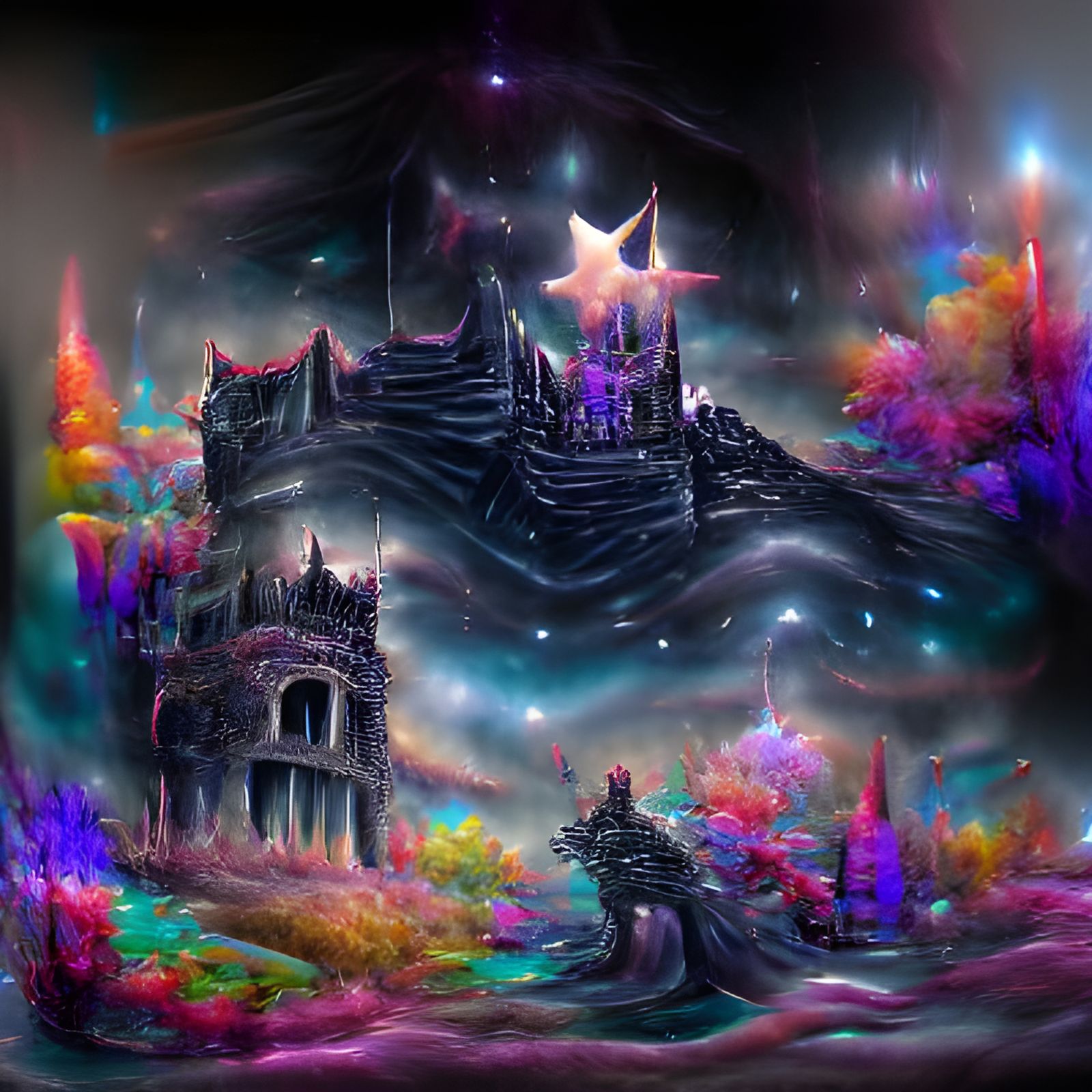 Dark Fantasy Castle in Holographic Cosmic Style