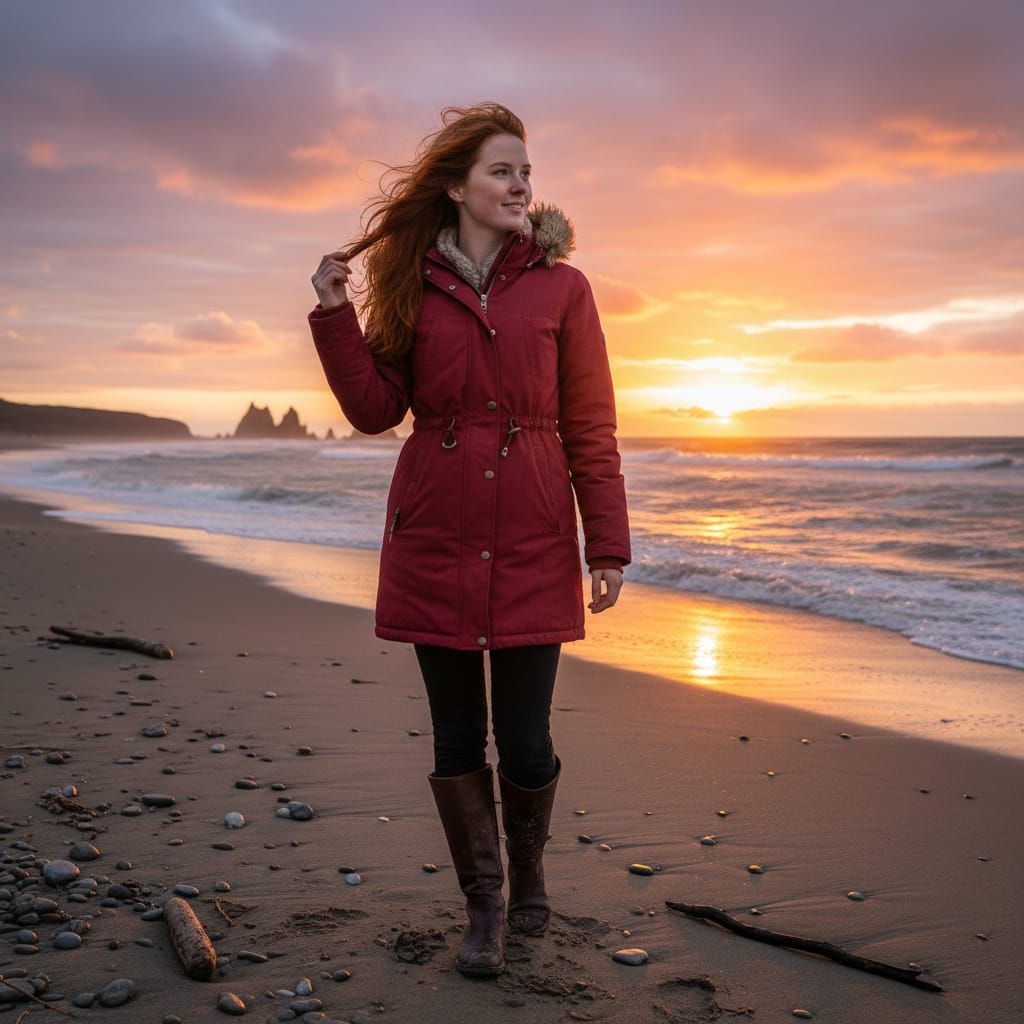 Red Haired Beauty on Windswept Shore at Sunrise