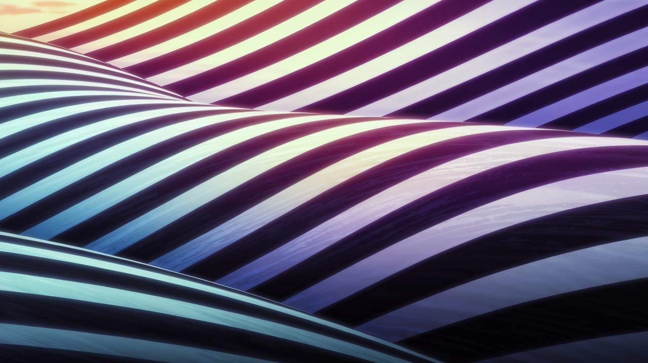 In an anime-style landscape, a breathtaking optical illusion unfolds with layers of stripes that seamlessly blend from c...