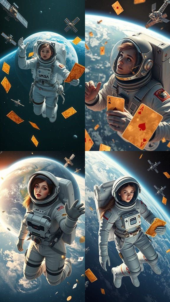 Astronaut Floats in Space with Poker Hand