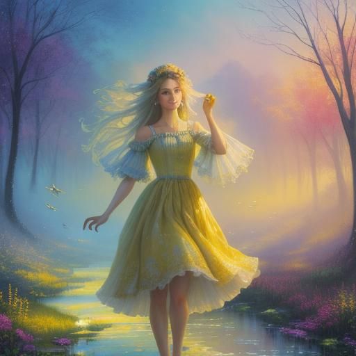 Ethereal Girl in Yellow Dress: Fantasy Oil Painting