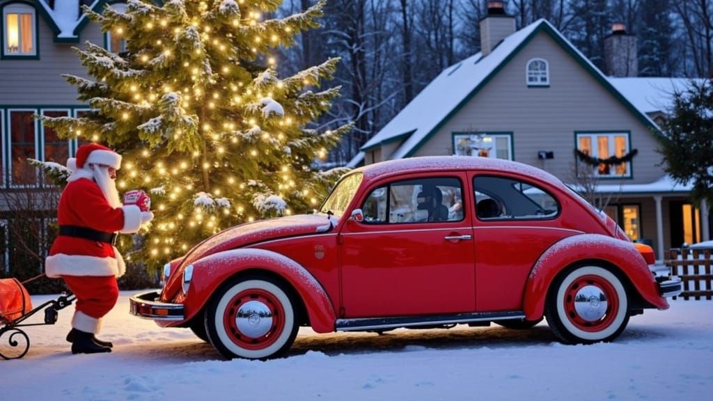 Classic Red Volkswagen Beetle in Winter Wonderland