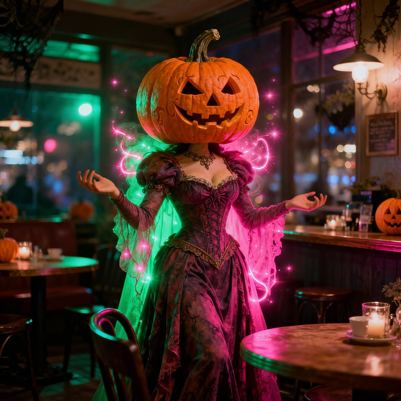 Gothic Night Cafe with Pumpkin Goddess in Retro Style