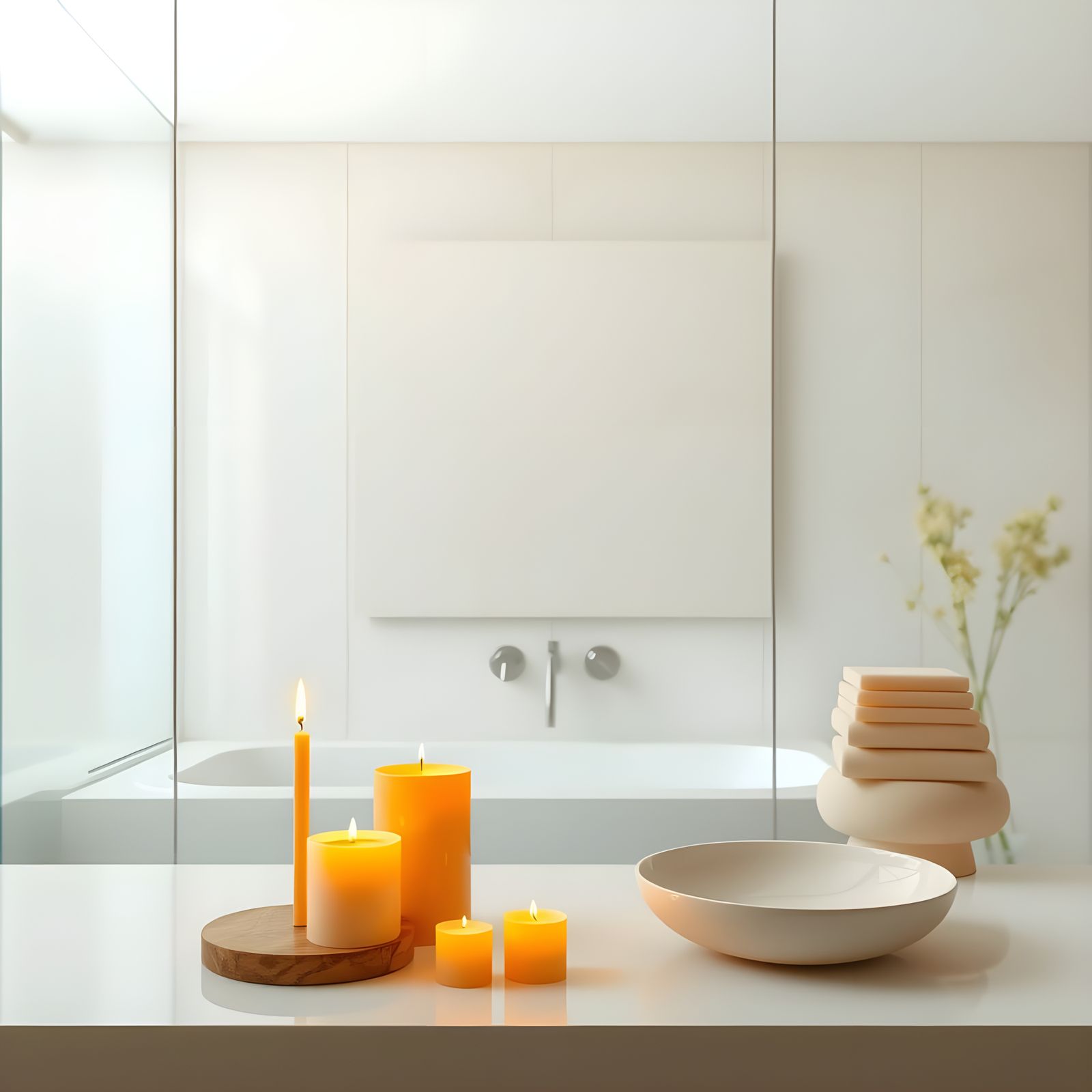 Minimalist Bathroom with Amber Candles in Ash Thorp Style
