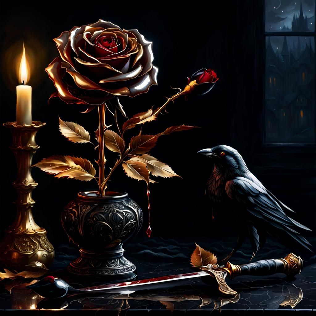 Silver Rose with Blood Drip in Gothic Style