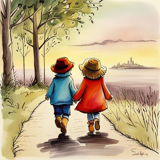 Children Walking Hand-in-Hand Illustration