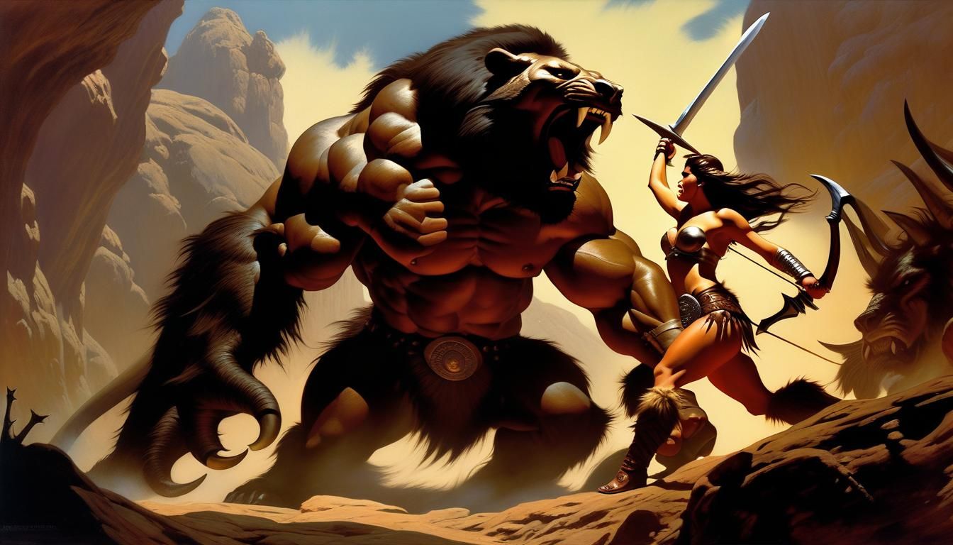Barbarian Woman's Epic Battle in Frazetta Style
