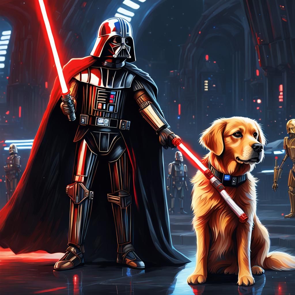 Golden Retriever as Sith Lord in Star Wars Scene