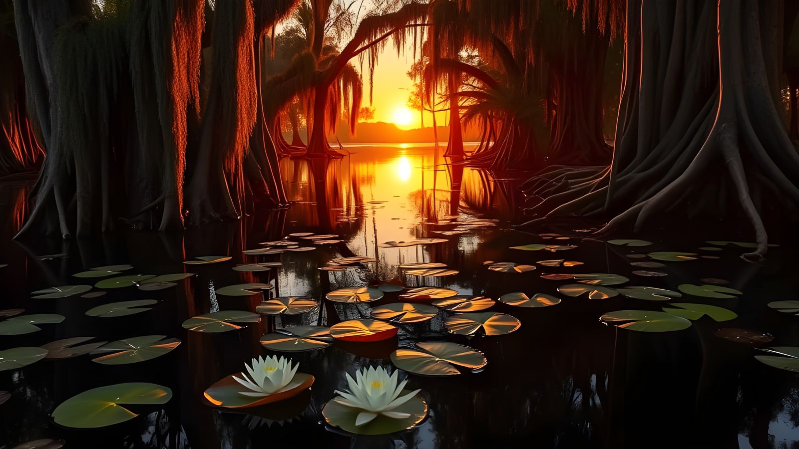 Tranquil Bayou Reflects Vibrant Sunset in Golden Light