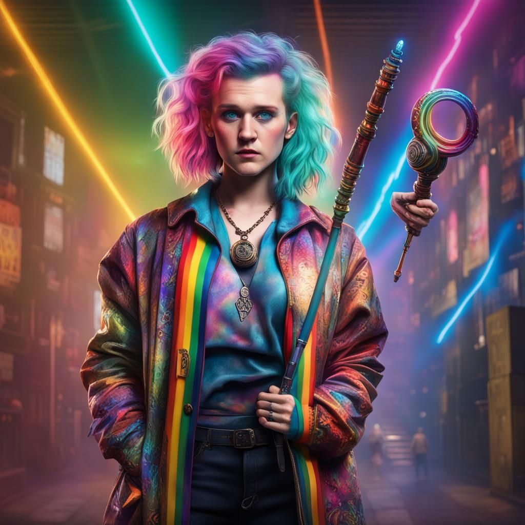 Cyberpunk Portrait with Rainbow Hair and Magic Staff