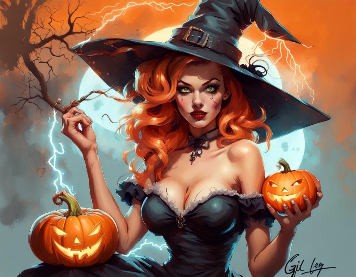 Halloween Witch Pinup in Hyperrealistic Style