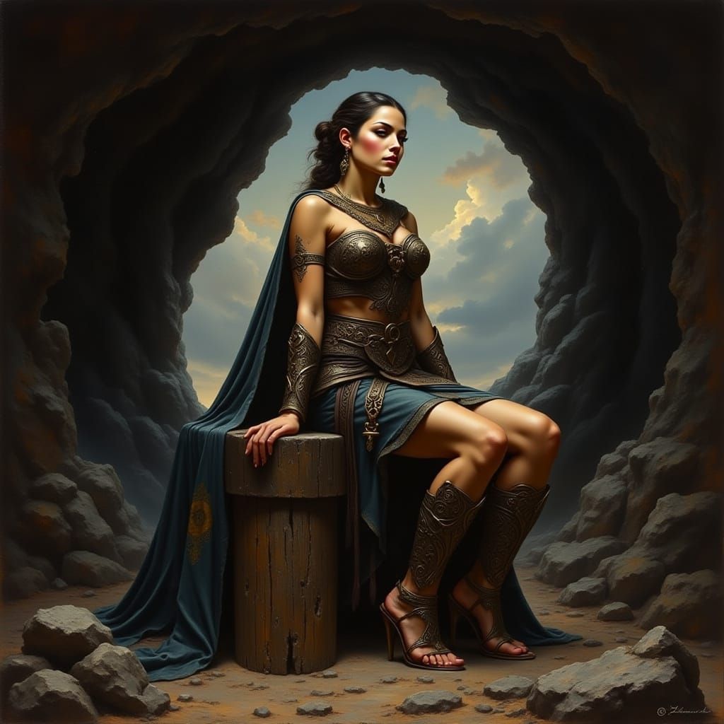 Regal Warrior Woman Guards Cave Entrance