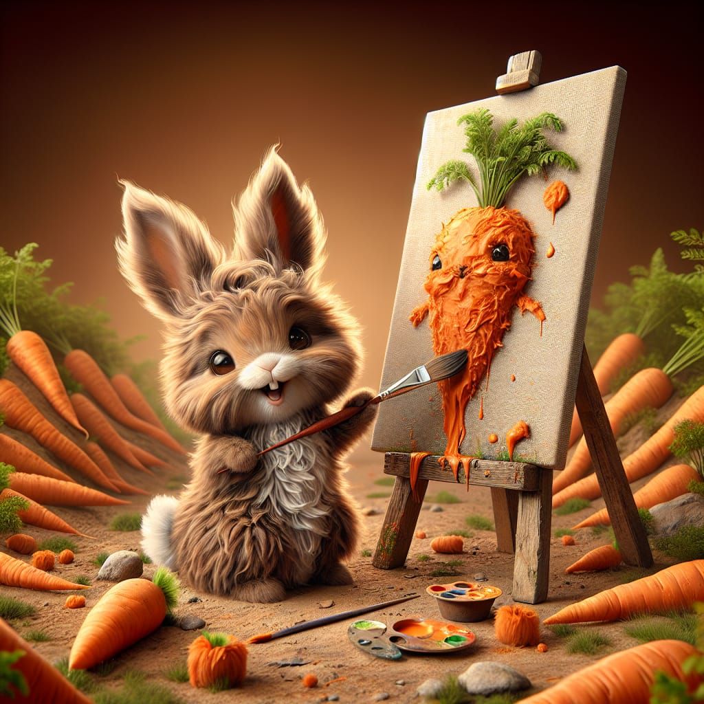 Bunny Artist Painting Carrot, Hyper-Realistic Digital Art