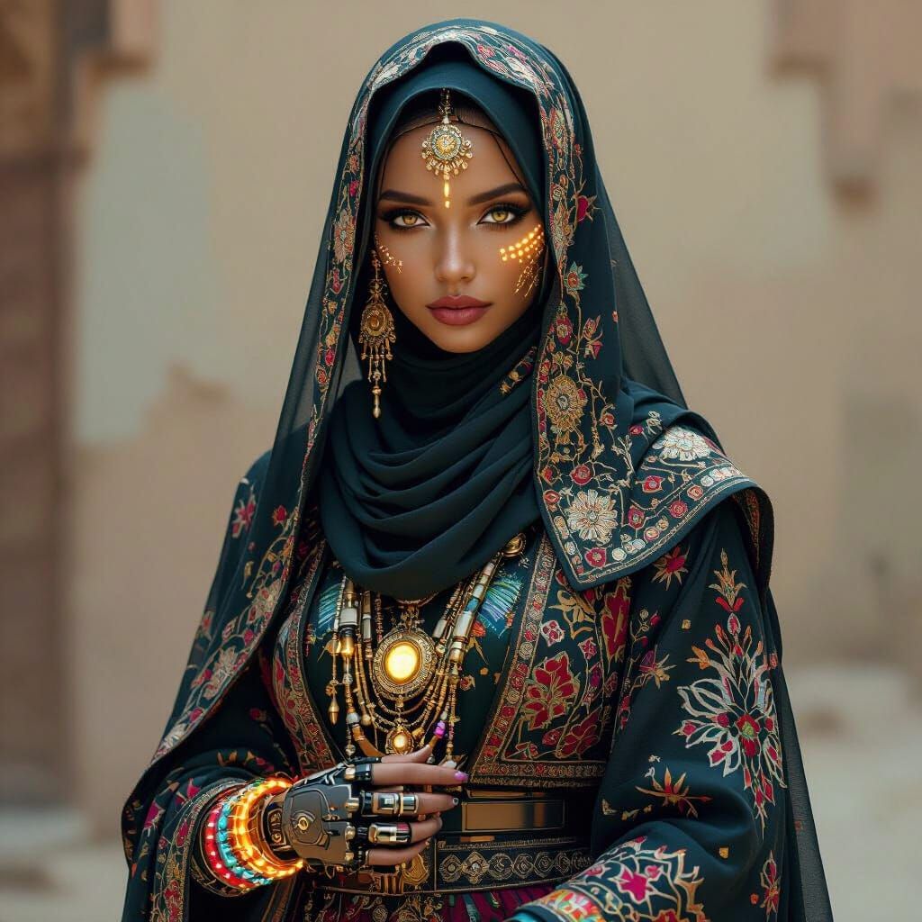 Hausa AI Character with Cyberpunk Robotic Accents