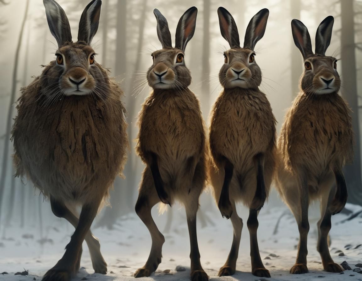 Anthropomorphic Hares in Misty Forest: Cinematic Film Still