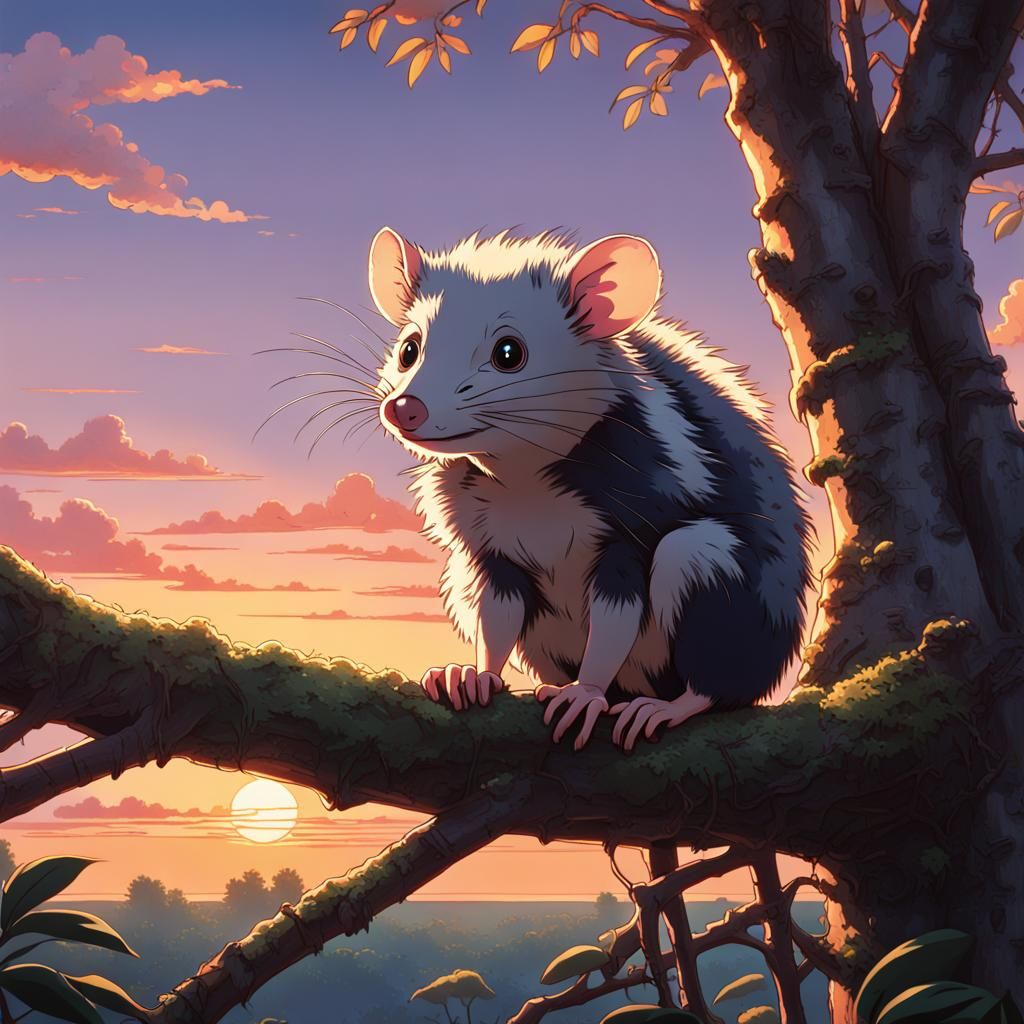 Opossum in Tree at Sunset: Studio Ghibli Style