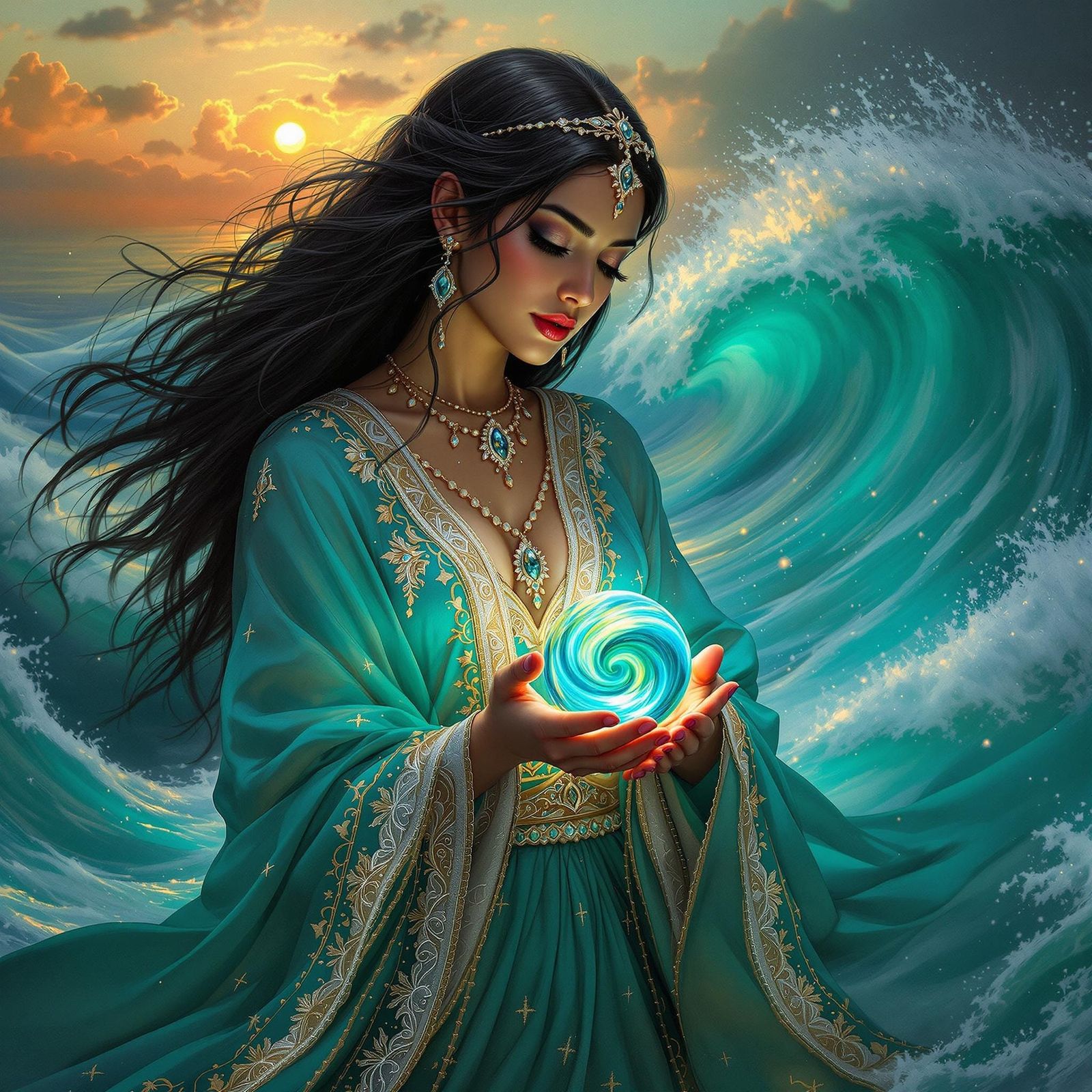 Hispanic Priestess with Sea Whirlpool