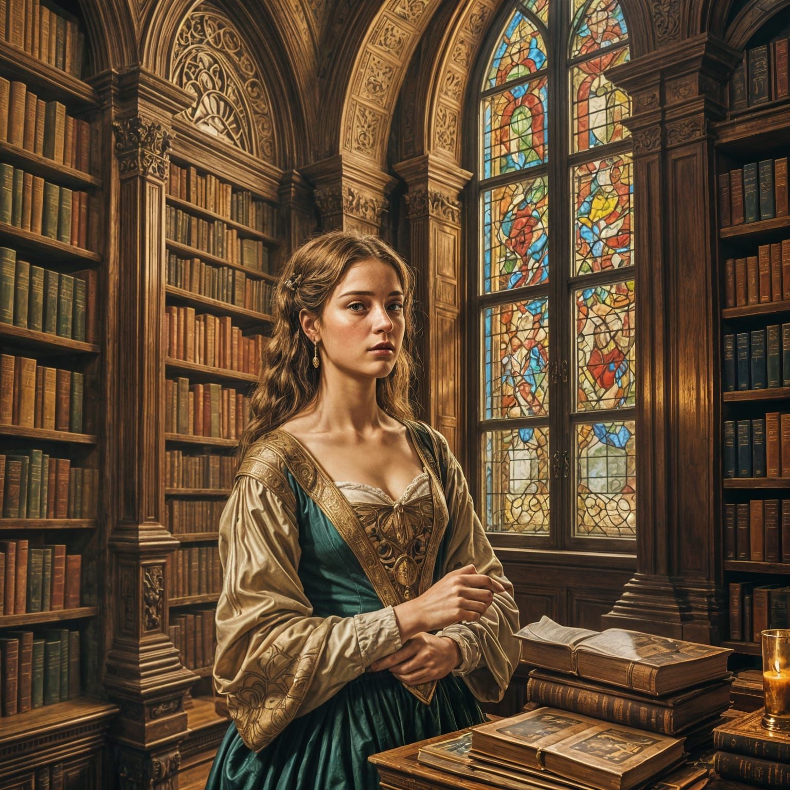 Renaissance Woman in Library, Oil Painting