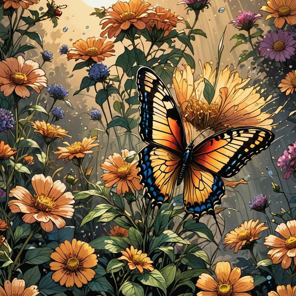 Butterfly on Flower in Comic Book Style