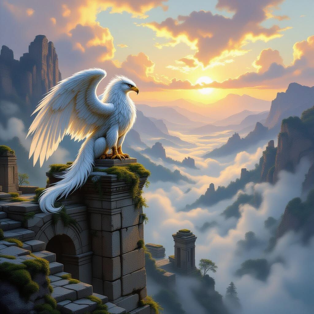 Majestic Griffin Over Misty Valley at Dawn in Classical Fant...