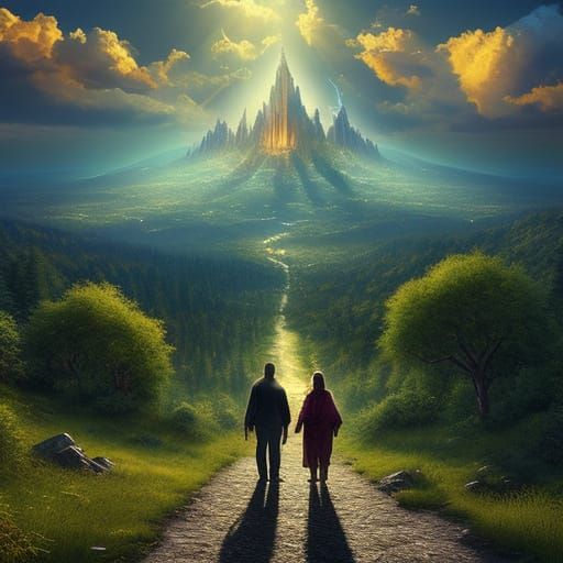 Majestic Mountain Path: Divine Figures in Golden Light