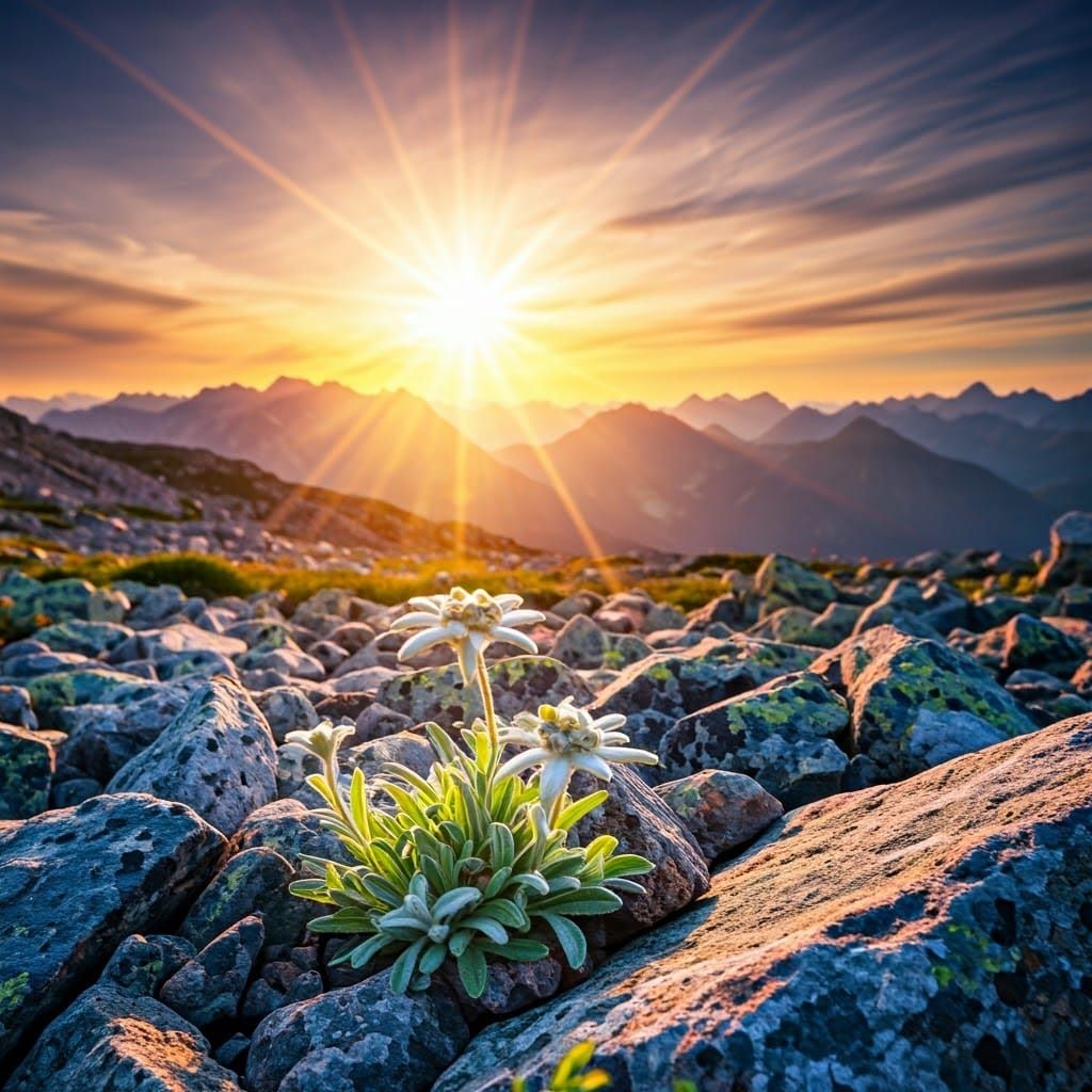 Mountain Landscape at Sunset with Edelweiss Bloom