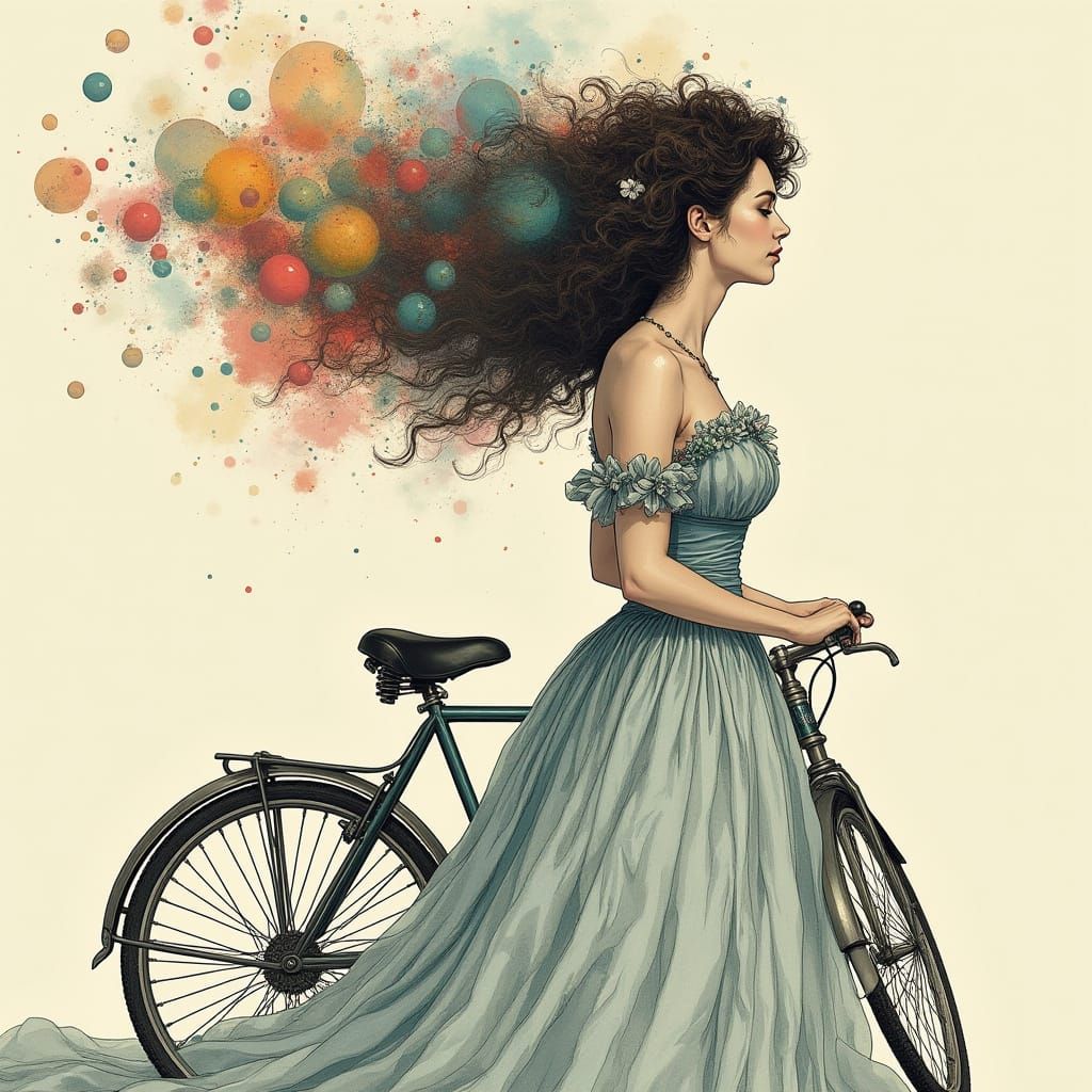 Elegant Fantasy Woman with Baroque Hair and Vintage Bicycle