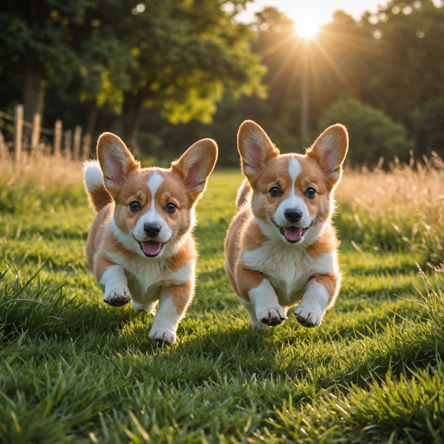 Corgi Puppies Running in a Sunny Field