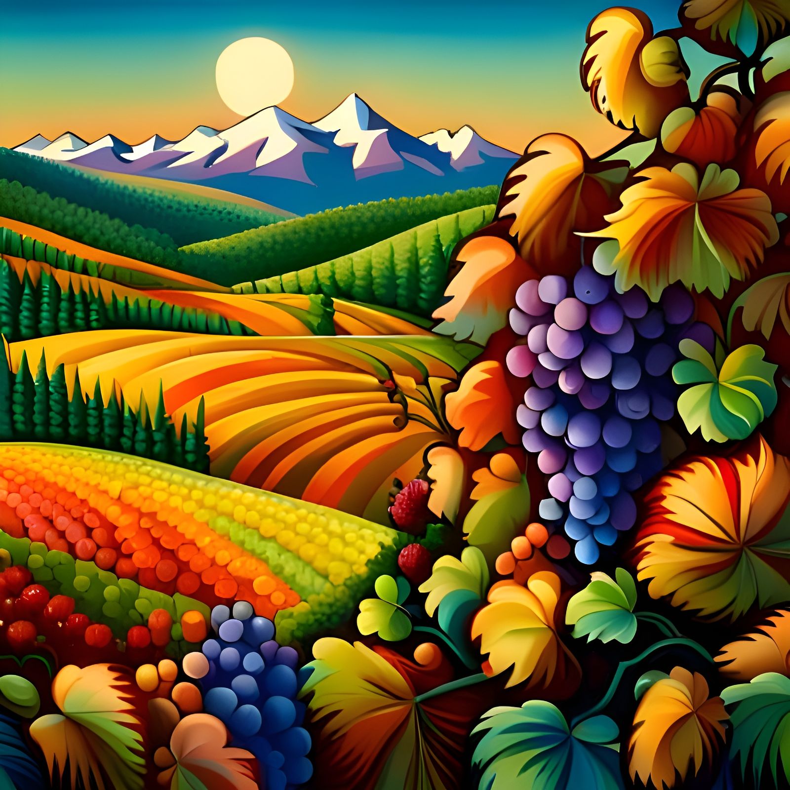 Colorful Grapes and Flowers in Mountain Landscape
