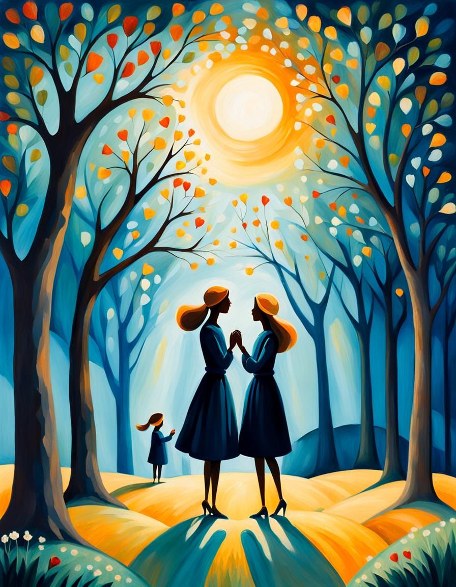 Impressionist Scene of Connected Silhouettes in Golden Light