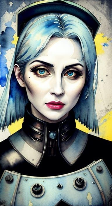 Lady Ghost, Cyberpunk-Inspired Watercolor Portrait in Grungy...