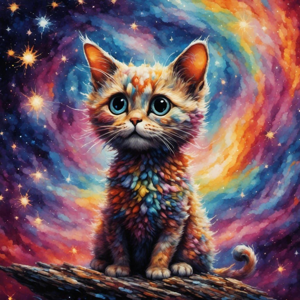 Whimsical Galaxy Cat Flying and Throwing Tacos