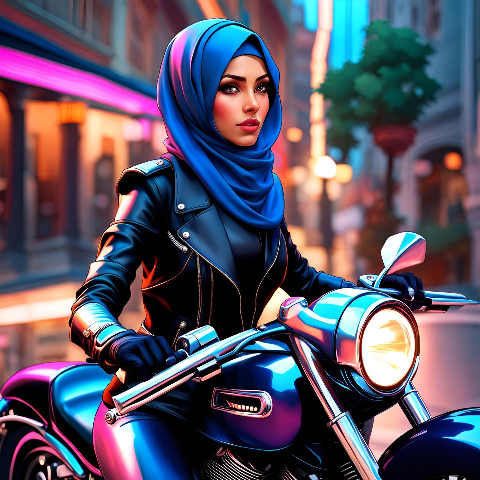 Cute Hijabi Woman on Motorcycle: Hyperdetailed Portrait