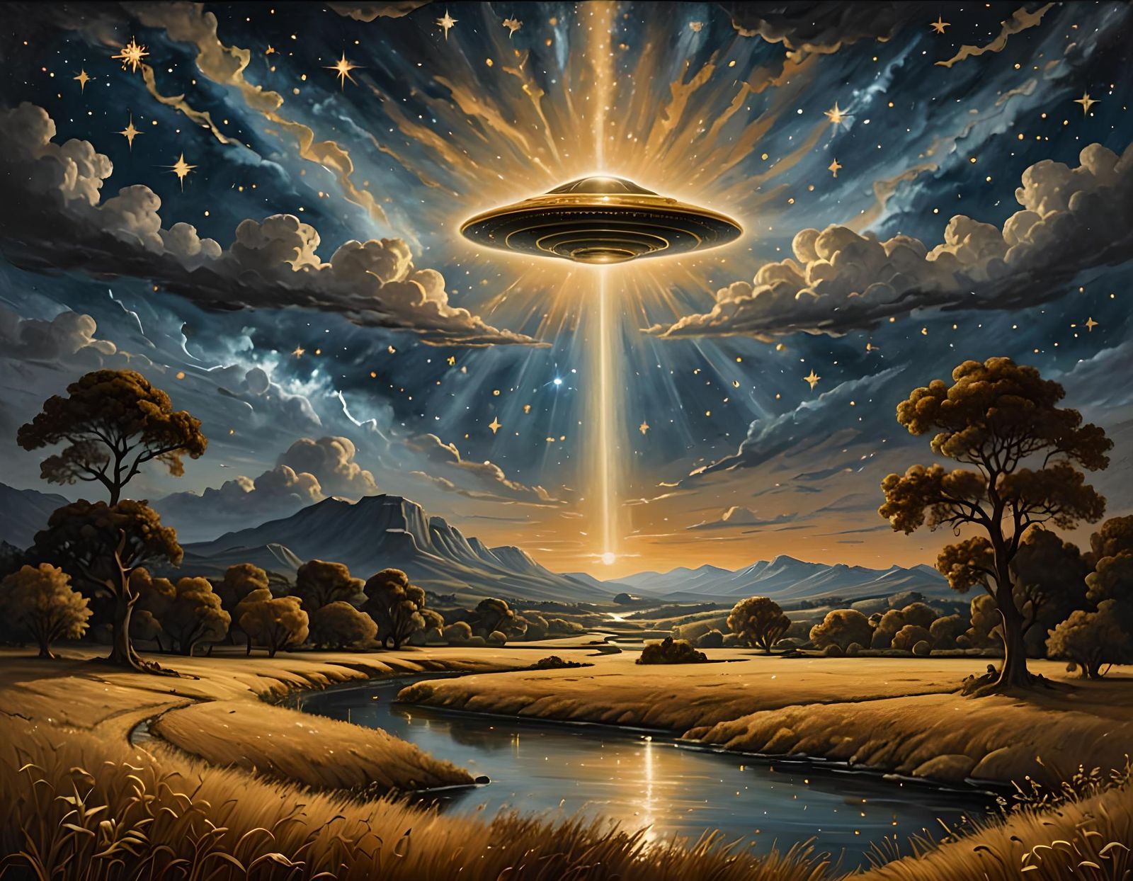 UFO in Mythological Cosmic Sky, Neoclassical Oil Painting