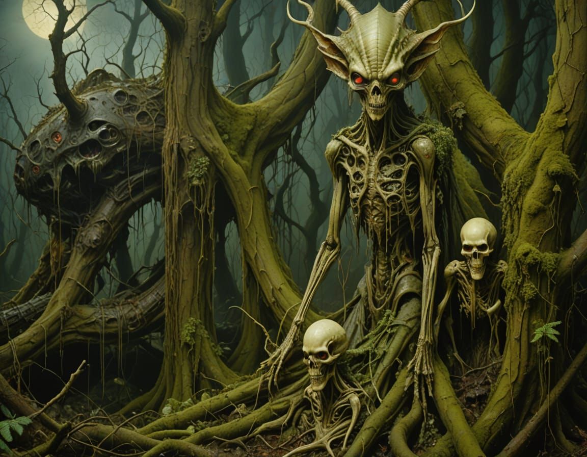 Surreal Alien in Dark Forest Oil Painting