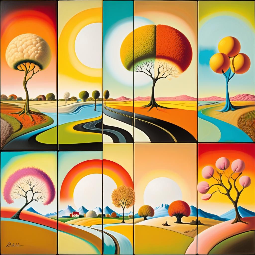 Four Seasons Surrealist Landscape as Oil Painting