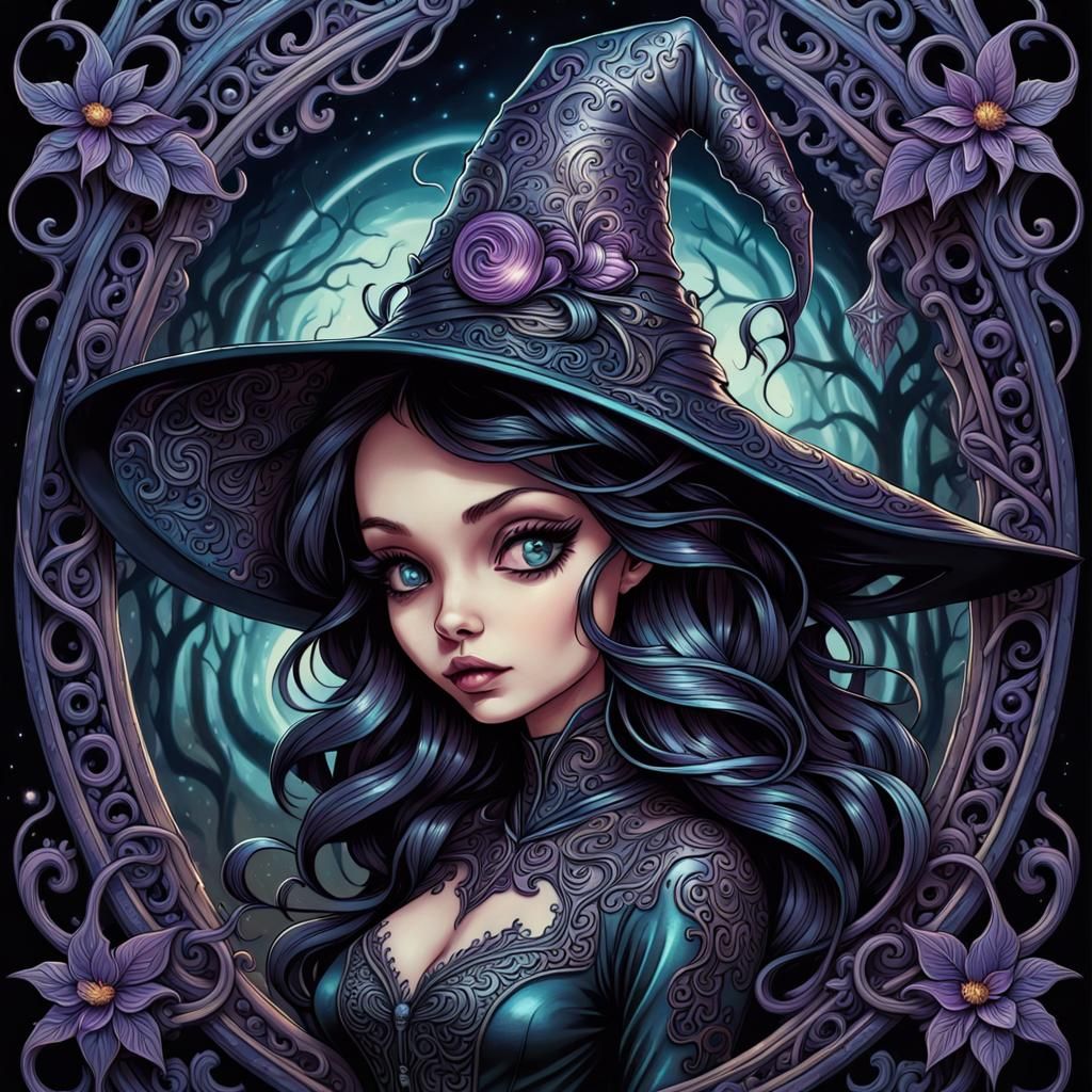 Detailed Witch Portrait with Nacreous Filigree
