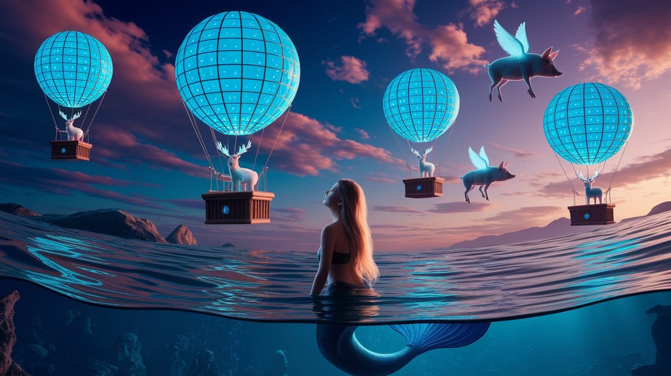 Mermaid Watching Mystical Balloons: Digital Fantasy Art