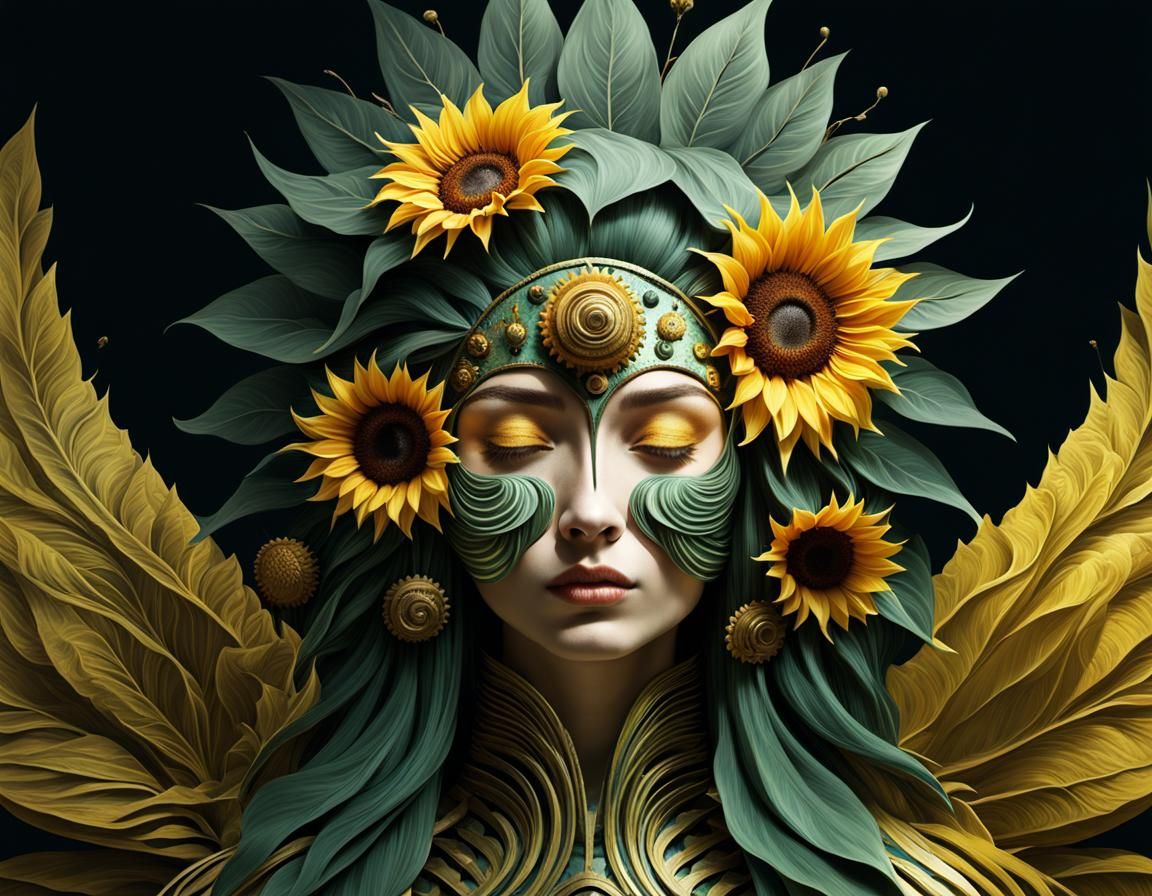 Steampunk Sunflower Goddess in Psychedelic Style